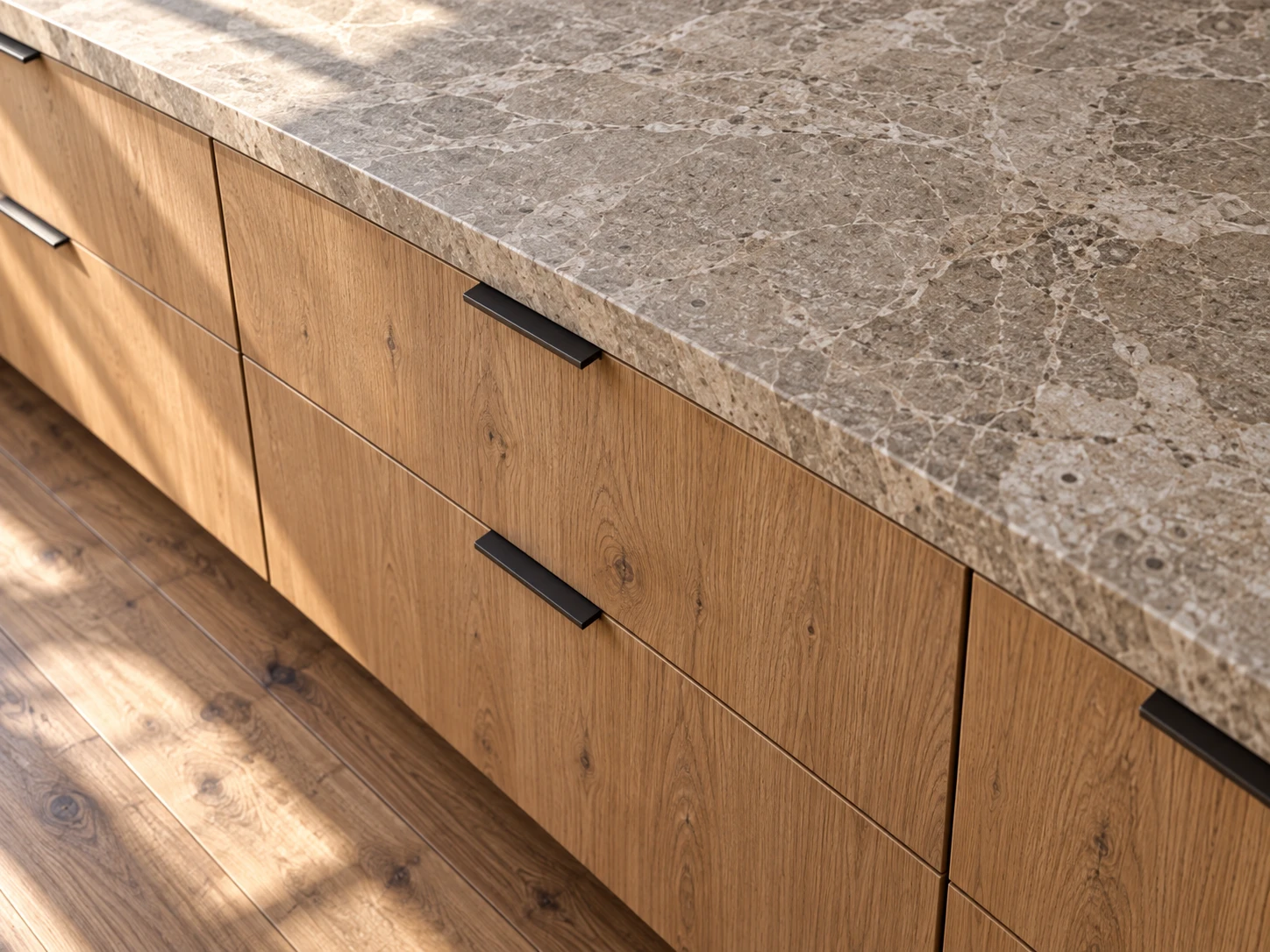 AI-generated detail of wood-grain drawers, dark pulls and a veined countertop edge.