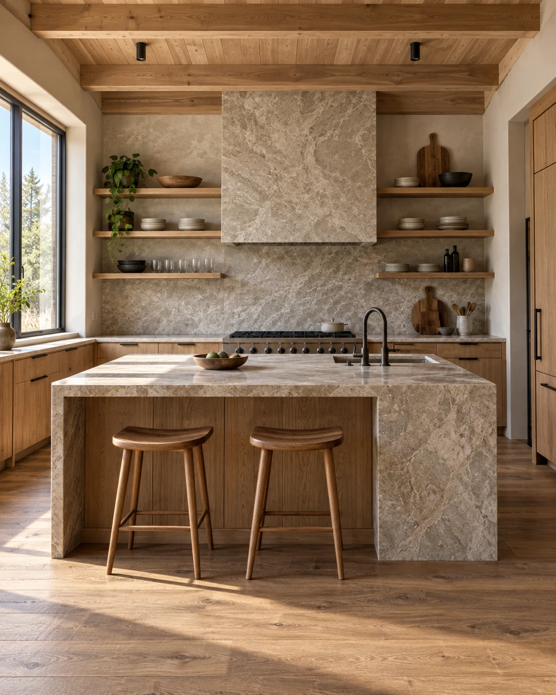 AI-generated kitchen concept with wood cabinetry, exposed ceiling beams and a veined island and hood.